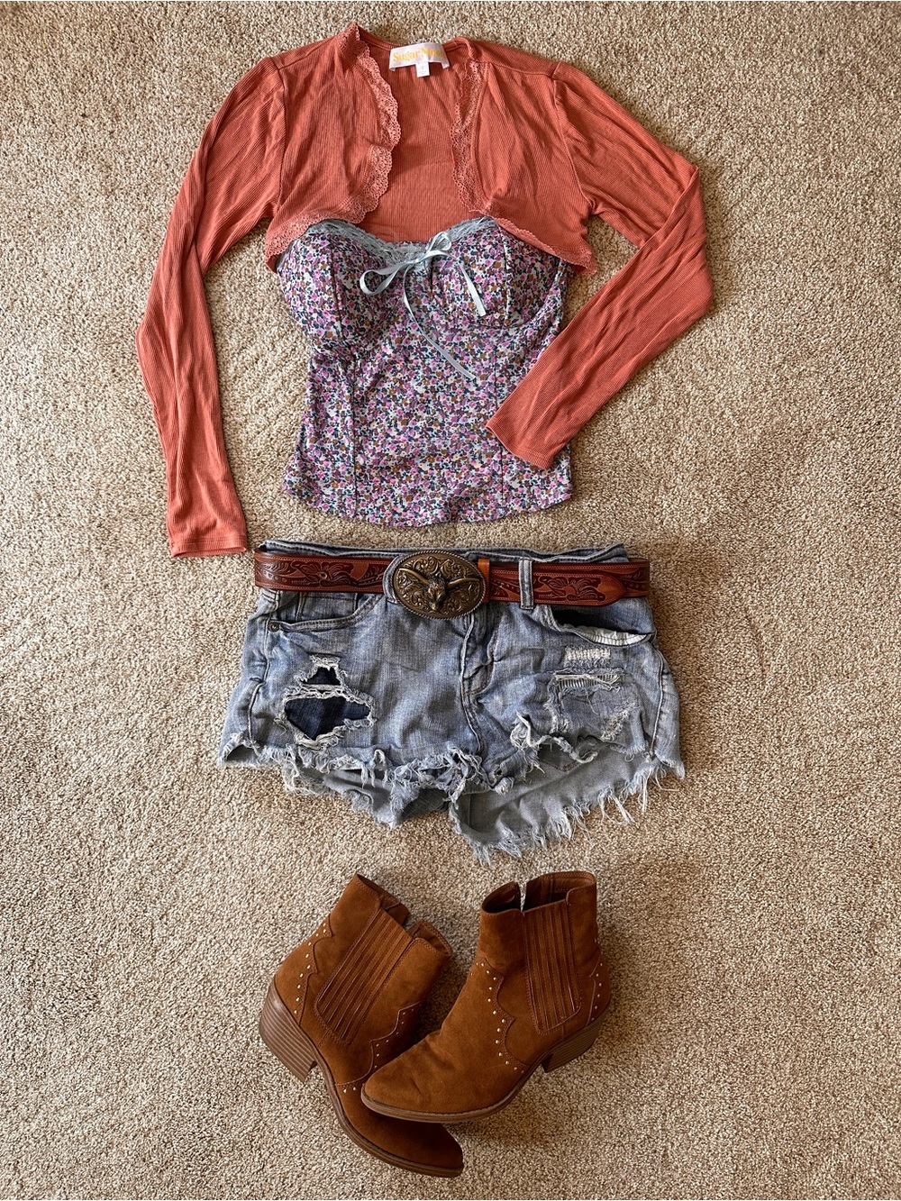 No Boundaries Floral Bustier Tank with Rust Cropped Shrug Bolero